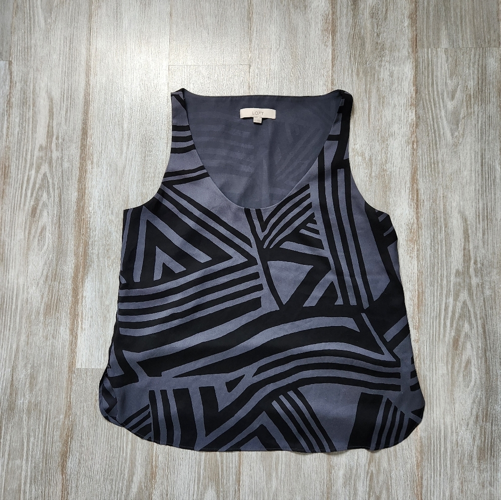 Loft Abstract Print Tank Top Blouse Flowy Gray Black Lined Lightweight Sz M EUC